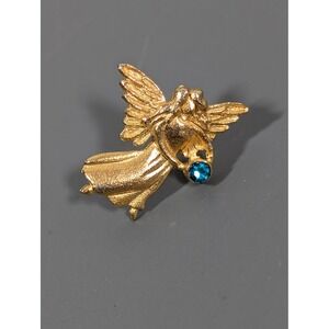 Vintage T&T Angel Tack Pin Gold Tone Teal Rhinestone Guardian Angel